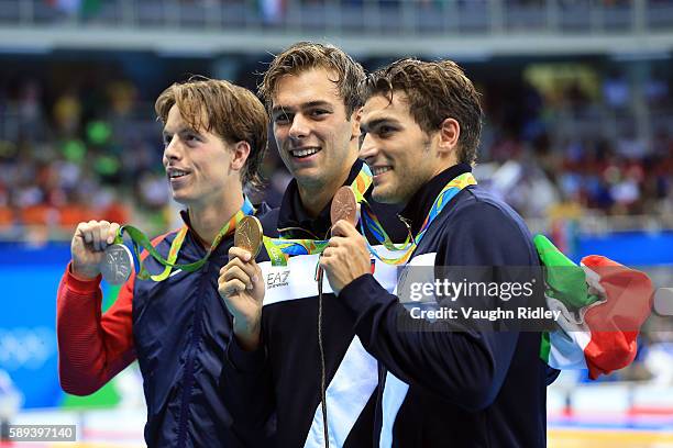 Connor Jaeger of the USA wins Silver, Gregorio Paltrinieri of Italy wins Gold and Gabriele Detti of Italy wins Bronze in the Men's 1500m Freestyle...
