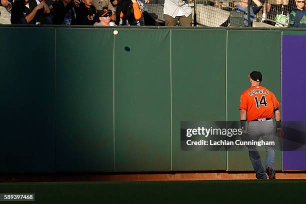 Nolan Reimold of the Baltimore Orioles watches as the ball bounces over the fence on a a ground-rule double hit by Joe Panik of the San Francisco...
