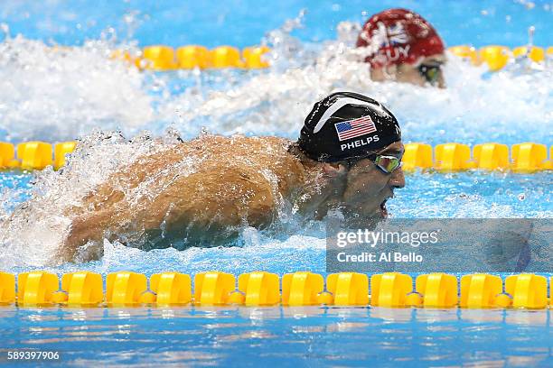 Michael Phelps of the United States competes in the Men's 4 x 100m Medley Relay Final on Day 8 of the Rio 2016 Olympic Games at the Olympic Aquatics...