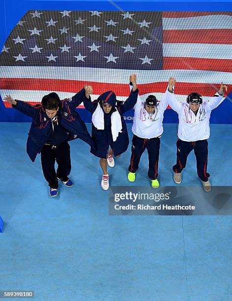 Nathan Adrian, Ryan Murphy, Michael Phelps and Cody Miller of the United States are greeted to the crowd before the Men's 4 x 100m Medley Relay Final...