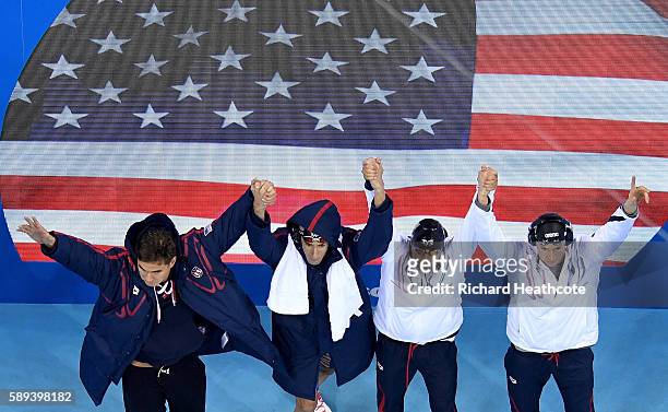 Nathan Adrian, Ryan Murphy, Michael Phelps and Cody Miller of the United States are greeted to the crowd before the Men's 4 x 100m Medley Relay Final...