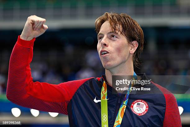 Silver medalist Connor Jaeger of the United States poses on the podium during the medal ceremony for the Men's 1500m Freestyle Final on Day 8 of the...