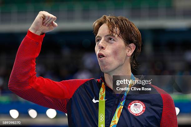 Silver medalist Connor Jaeger of the United States poses on the podium during the medal ceremony for the Men's 1500m Freestyle Final on Day 8 of the...