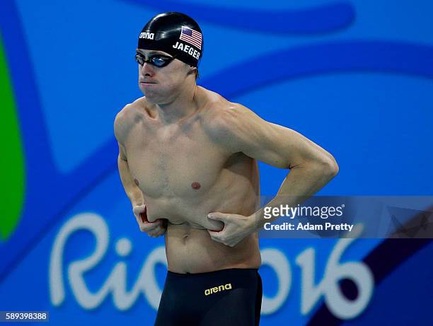 Connor Jaeger of the United States prepares for the Men's 1500m Freestyle Final on Day 8 of the Rio 2016 Olympic Games at the Olympic Aquatics...