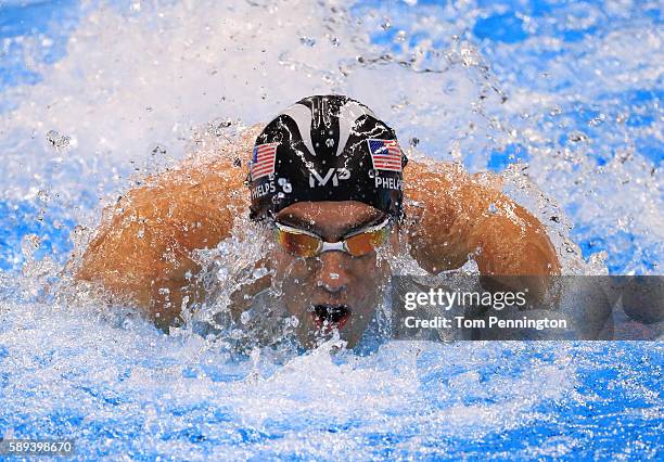 Michael Phelps of the United States competes in the Men's 4 x 100m Medley Relay Final on Day 8 of the Rio 2016 Olympic Games at the Olympic Aquatics...