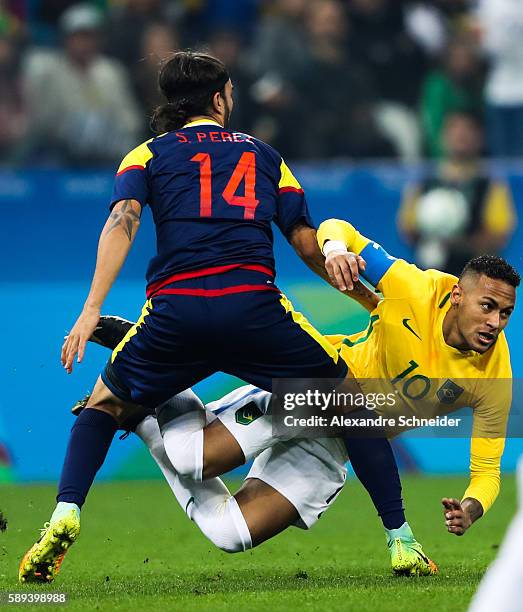 Sebastian Perez of Colombia and Neymar of Brazil sin action during the match between Brazil and Colombia mens football quarter final at Arena...