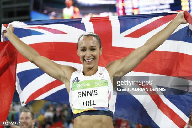 Silver medallist Britain's Jessica Ennis-Hill celebrates after the Women's Heptathlon 800M during the athletics event at the Rio 2016 Olympic Games...