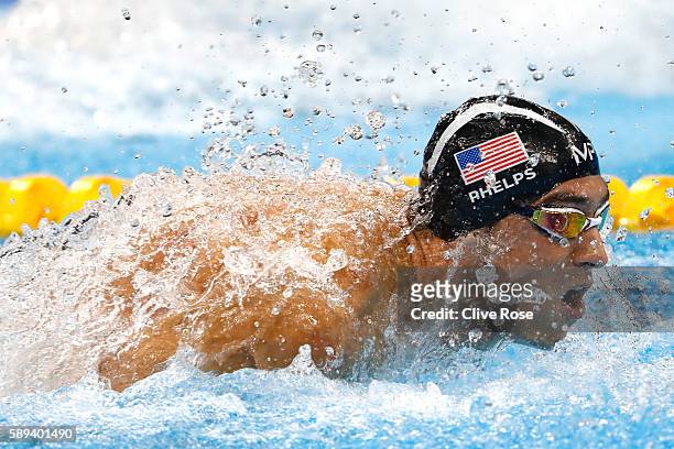 Michael Phelps of the United States competes in the Men's 4 x 100m Medley Relay Final on Day 8 of the Rio 2016 Olympic Games at the Olympic Aquatics...
