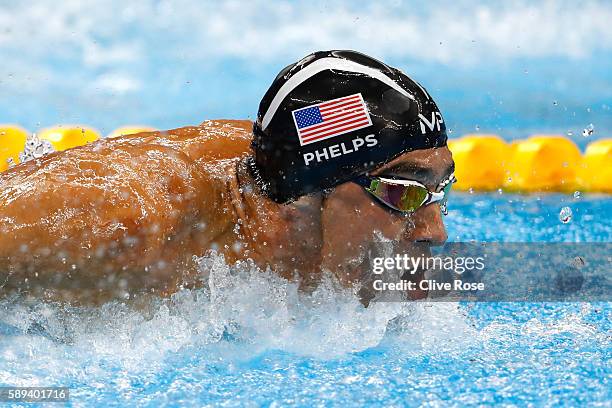 Michael Phelps of the United States competes in the Men's 4 x 100m Medley Relay Final on Day 8 of the Rio 2016 Olympic Games at the Olympic Aquatics...