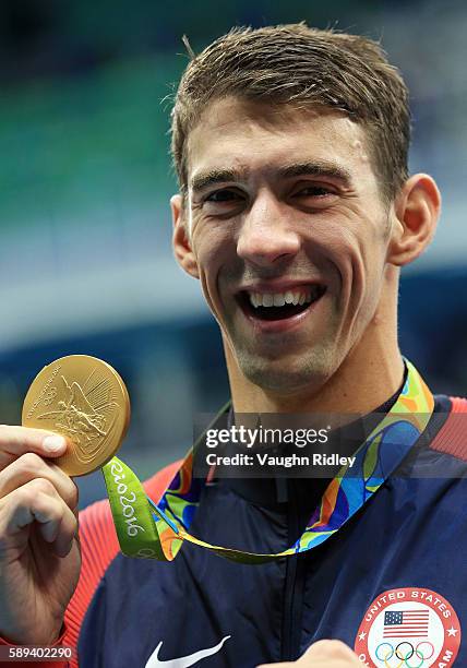 Michael Phelps of the USA wins Gold in the Men's 4x100m Medley Relay Final on Day 8 of the Rio 2016 Olympic Games at the Olympic Aquatics Stadium on...