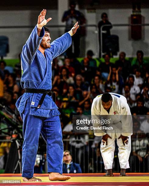 Or Sasson of Israel celebrates defeating Alex Garcia Mendoza of Cuba by a shido to win the o100kg bronze medal during day 7 of the 2016 Rio Olympic...