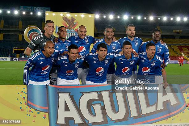 Players of Millonarios pose for a photo during the formal events prior a match between Millonarios and Fortaleza as part of round eight of Liga...