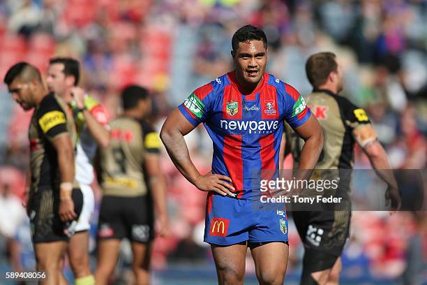 Pat Mata' Utia looks dejected during the round 23 NRL match between the Newcastle Knights and the Penrith Panthers at Hunter Stadium on August 14,...