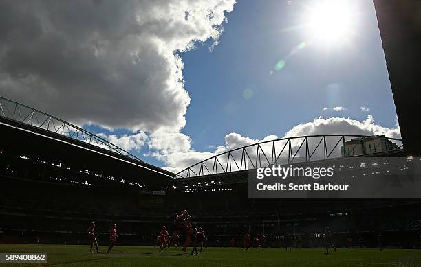 General view with the roof open during the day during the round 21 AFL match between the Essendon Bombers and the Gold Coast Titans at Etihad Stadium...