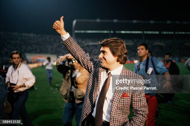 President of the Olympique de Marseille soccer team Bernard Tapie before a match against the Girodins of Bordeaux team.