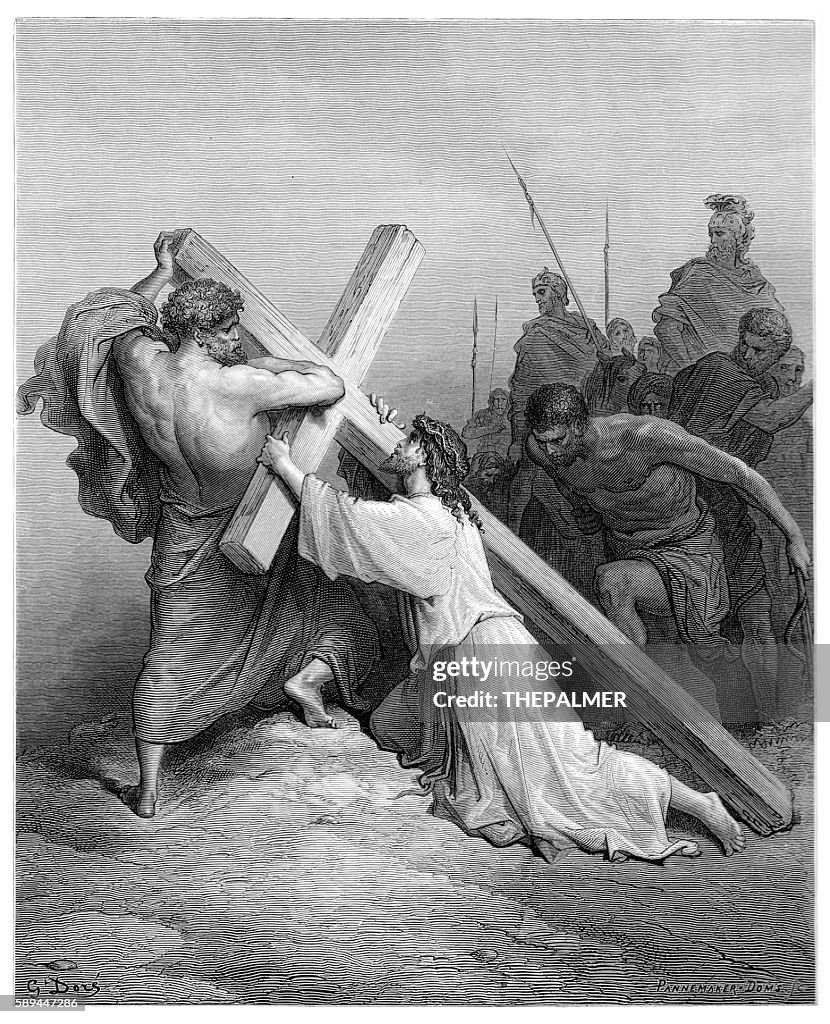 Jesus fällt unter den Kreuzgravur 1870