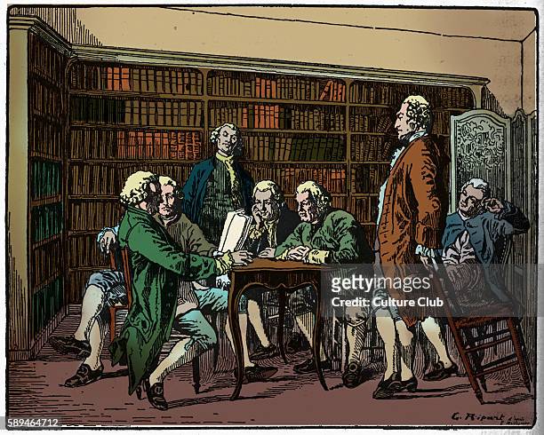 Denis Diderot - French Enlightenment writer and philosopher, general editor of the famous Encyclopedia at a reading with other encyclopedists. Drawn...