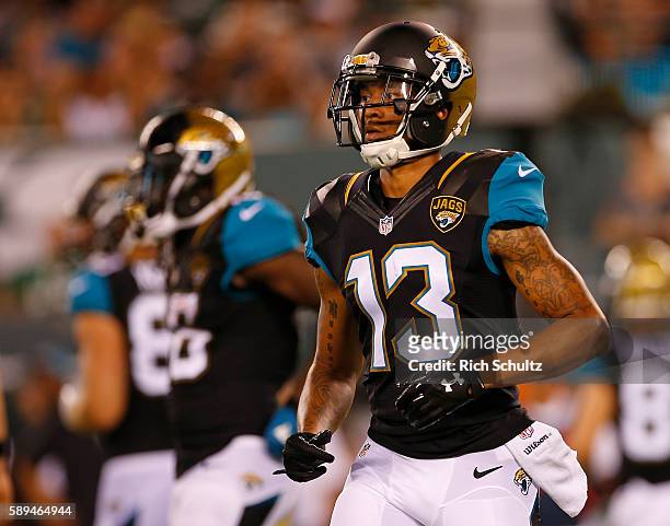 Rashad Greene of the Jacksonville Jaguars in action against the New York Jets in an NFL preseason game at MetLife Stadium on August 11, 2016 in East...