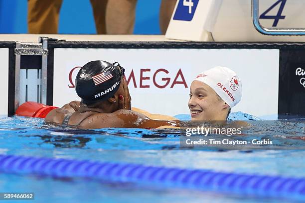 Day 6 Simone Manuel of the United States who dead heated with Penny Oleksiak of Canada to both win the gold medal in the Women's 100m Freestyle Final...