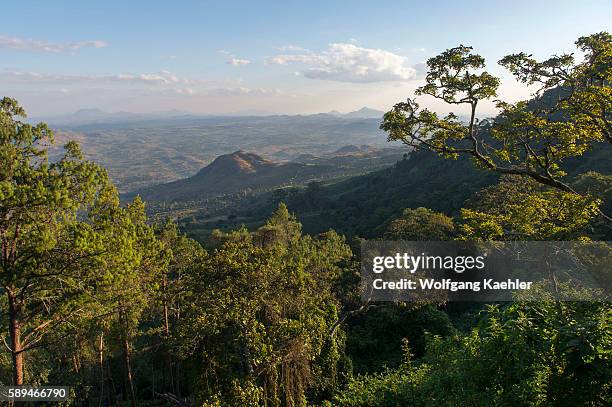 View of hilly landscape with forest and fields from the Zomba Plateau in Malawi.