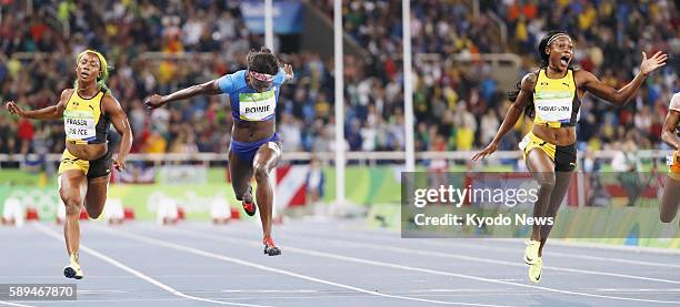 Jamaican sprinter Elaine Thompson wins the women's 100-meter final in the athletics competition of the Rio de Janeiro Olympic Games on Aug. 13 with...