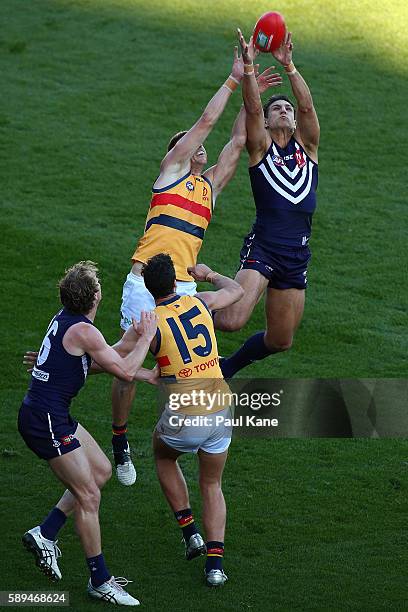 Matthew Pavlich of the Dockers contests for a mark during the round 21 AFL match between the Fremantle Dockers and the Adelaide Crows at Domain...