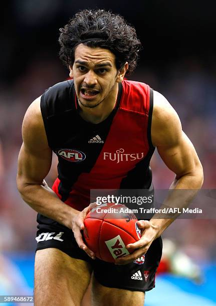 Debutante, Jake Long of the Bombers in action during the 2016 AFL Round 21 match between the Essendon Bombers and the Gold Coast Suns at Etihad...