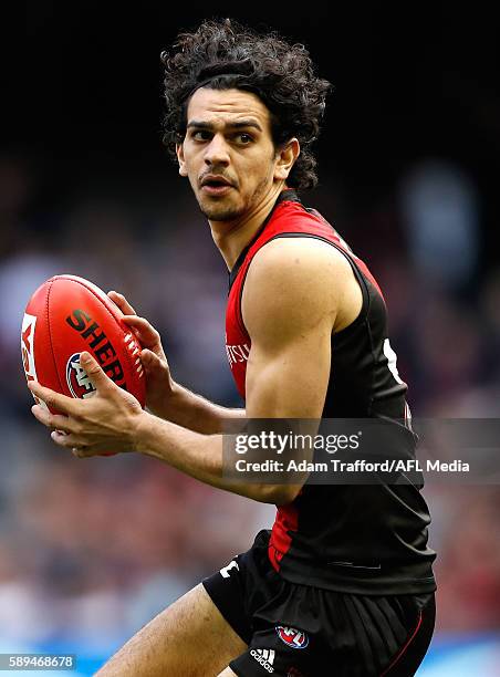 Debutante, Jake Long of the Bombers in action during the 2016 AFL Round 21 match between the Essendon Bombers and the Gold Coast Suns at Etihad...