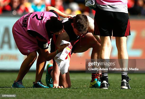 Michael Hartley of the Bombers is seen injured after a knock to the nose during the 2016 AFL Round 21 match between the Essendon Bombers and the Gold...