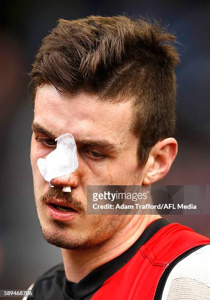 Michael Hartley of the Bombers looks on during the 2016 AFL Round 21 match between the Essendon Bombers and the Gold Coast Suns at Etihad Stadium on...