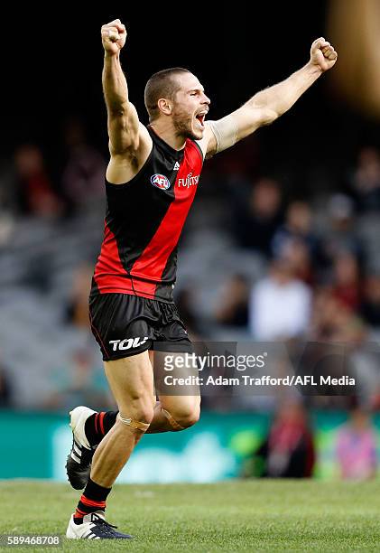 David Zaharakis of the Bombers celebrates on the final siren during the 2016 AFL Round 21 match between the Essendon Bombers and the Gold Coast Suns...