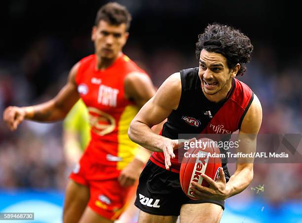 Debutante, Jake Long of the Bombers in action during the 2016 AFL Round 21 match between the Essendon Bombers and the Gold Coast Suns at Etihad...