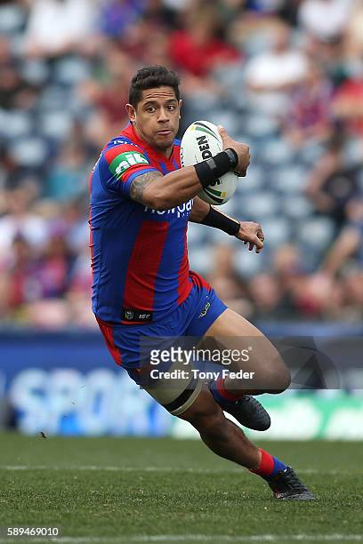 Dane Gagai of the Knights in action during the round 23 NRL match between the Newcastle Knights and the Penrith Panthers at Hunter Stadium on August...