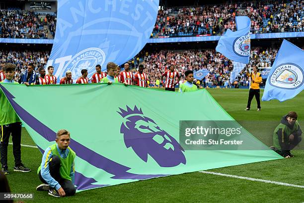 The Premier League flag shown before the Premier League match between Manchester City and Sunderland at Etihad Stadium on August 13, 2016 in...