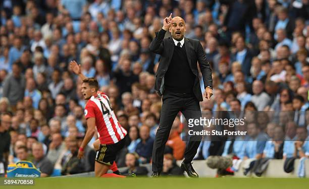 Manchester City manager Pep Guardiola during the Premier League match between Manchester City and Sunderland at Etihad Stadium on August 13, 2016 in...