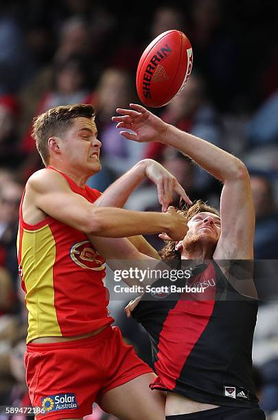 Mitch Brown of the Bombers and Kade Kolodjashnij of the Suns compete for the ball during the round 21 AFL match between the Essendon Bombers and the...