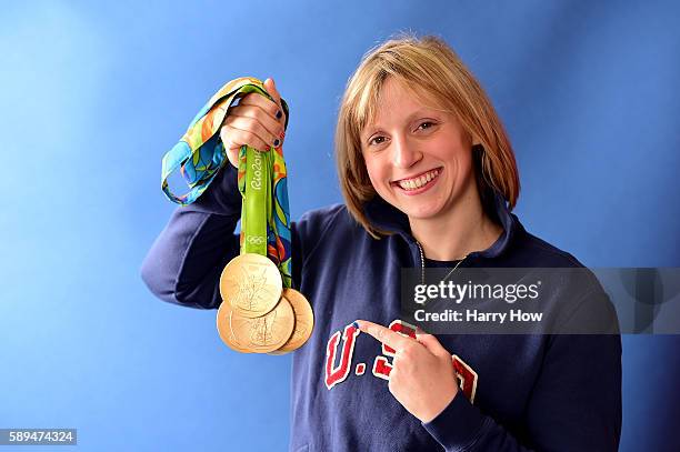 Swimmer, Katie Ledecky of the United States poses for a photo with her five medals on the Today show set on Copacabana Beach on August 13, 2016 in...