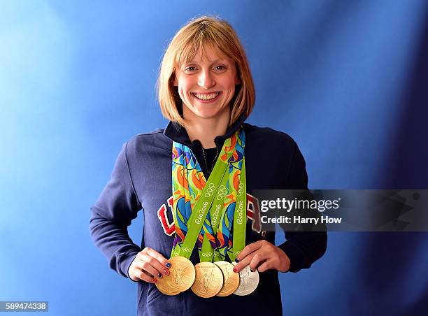 Swimmer, Katie Ledecky of the United States poses for a photo with her five medals on the Today show set on Copacabana Beach on August 13, 2016 in...