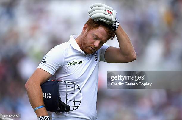 Jonathan Bairstow of England leaves the field after being dismissed by Wahab Riaz of Pakistan during day four of the 4th Investec Test between...