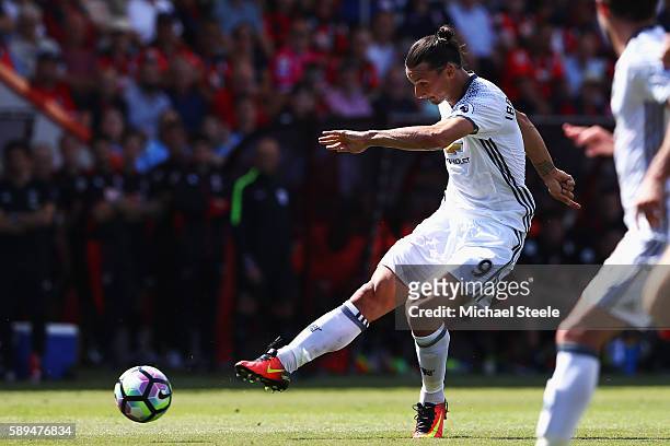 Zlatan Ibrahimovic of Manchester United scores his team's third goal during the Premier League match between AFC Bournemouth and Manchester United at...