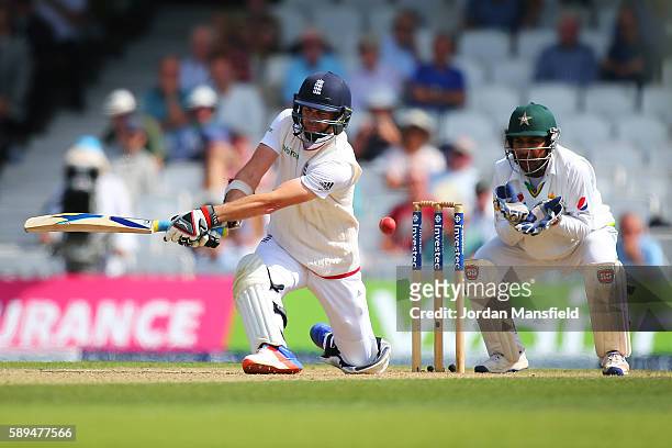 James Anderson of England is bowled out lbw by Iftikhar Ahmed of Pakistan during day four of the 4th Investec Test between England and Pakistan at...