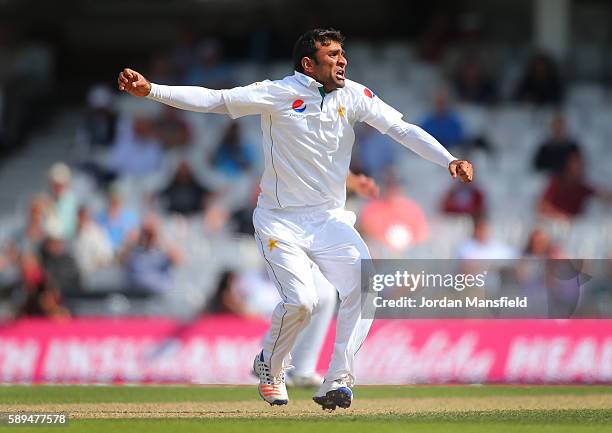 Iftikhar Ahmed of Pakistan celebrates getting the final wicket of James Anderson of England during day four of the 4th Investec Test between England...