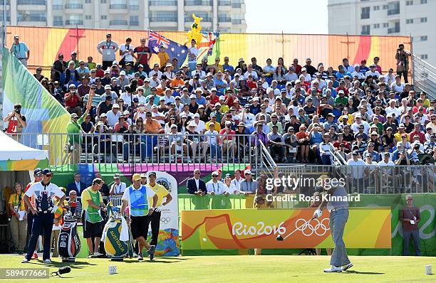 Marcus Fraser of Australia plays his shot from the first tee during the final round of golf on Day 9 of the Rio 2016 Olympic Games at the Olympic...