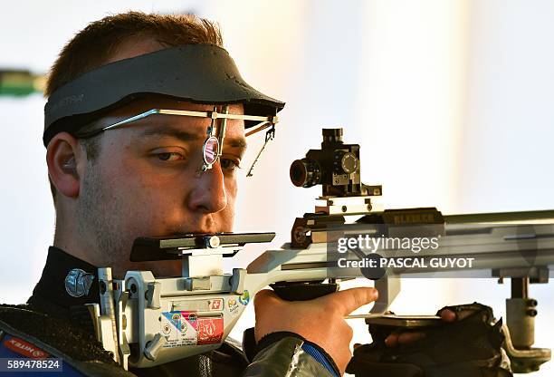 France's Alexis Raynaud competes during the 50m Rifle 3 positions men's qualifications at the Olympic Shooting Centre in Rio de Janeiro on August 14...