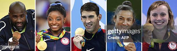 Combination photo made on August 14, 2016 shows France's Teddy Riner, USA's Simone Biles, USA's Michael Phelps, Kosovo's Majlinda Kelmendi, USA's...