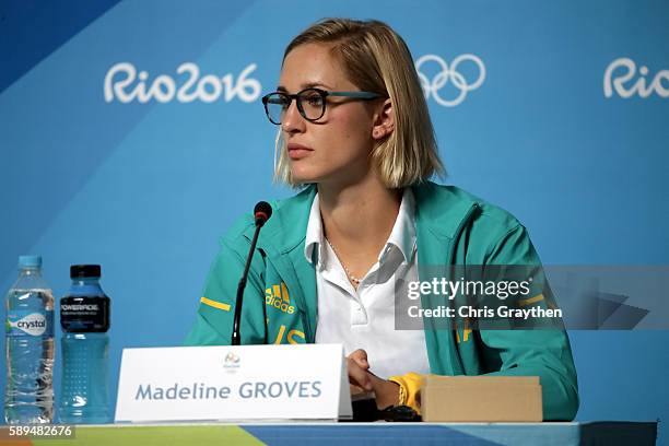 Madeline Groves of Australia speaks during a press conference at the Main Press Centre on August 14, 2016 in Rio de Janeiro, Brazil.