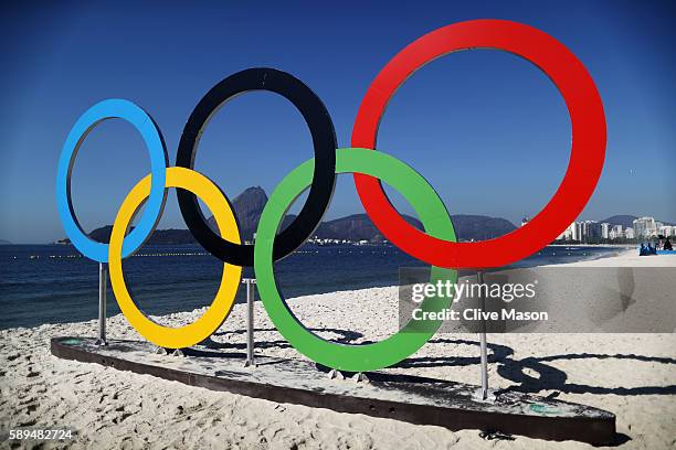 The Olympic Rings are seen on local beach on Day 9 of the Rio 2016 Olympic Games at the Marina da Gloria on August 14, 2016 in Rio de Janeiro, Brazil.