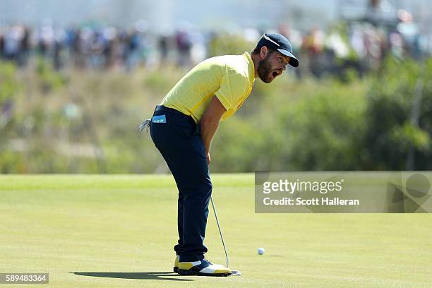 David Lingmerth of Sweden reacts to a missed putt for birdie on the eighth green during the final round of men's golf on Day 9 of the Rio 2016...