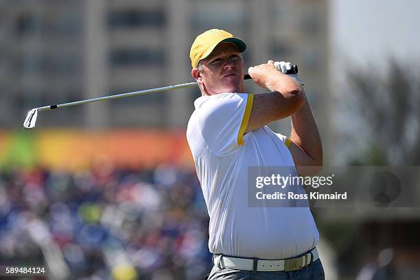 Marcus Fraser of Australia plays his shot from the eighth tee during the final round of men's golf on Day 9 of the Rio 2016 Olympic Games at the...