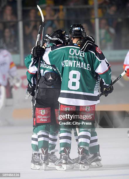 Manuel Edfelder and Stephan Kronthaler of the Starbulls Rosenheim celebrate during the test match between the Starbulls Rosenheim and the...